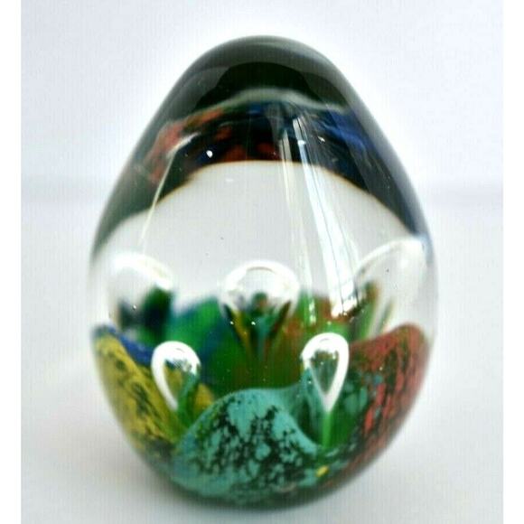 Egg Shaped Controlled Bubble Art Glass Paper Weight Green Red Crater Theme - Picture 9 of 12